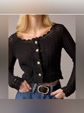 J. Crew Collection Black Crochet Cardigan Sweater Scallop Trim